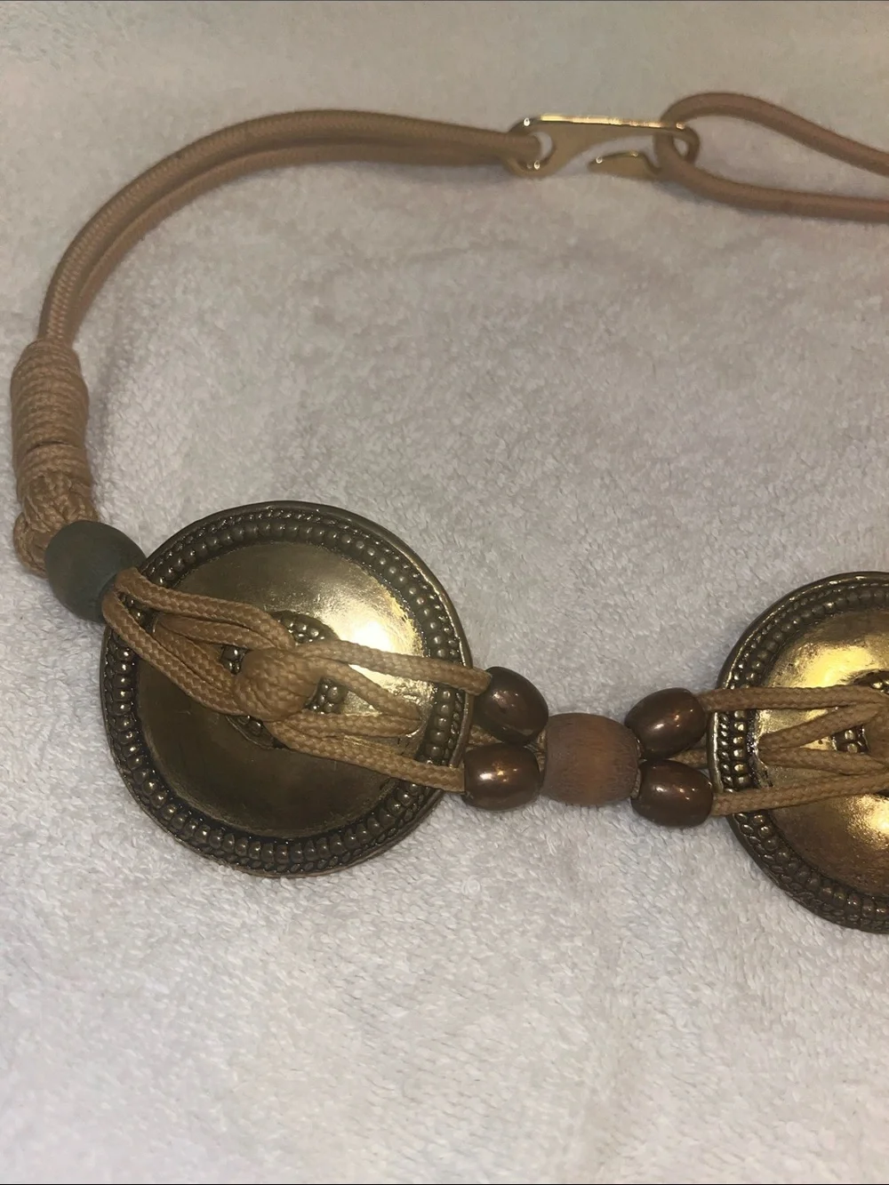 MIT Braided Tan Cord Waist Belt with Gold-Tone Coin Accents Wood Beads